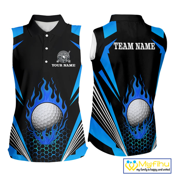 Black and Blue Flame Golf Ball Women sleeveless polo shirt custom golf attire for ladies NQS10448