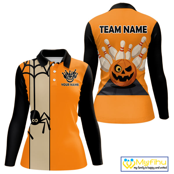 Orange and Black Halloween Retro Bowling Polo, 1/4 Zip Shirts For Women Custom Bowling Team Shirt NQS10464