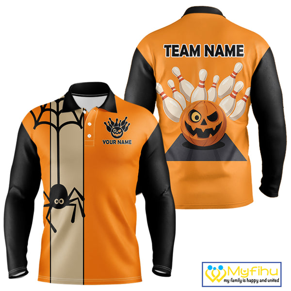 Orange and Black Halloween Retro Bowling Polo, 1/4 Zip Shirts For Men Custom Bowling Team Shirt NQS10464