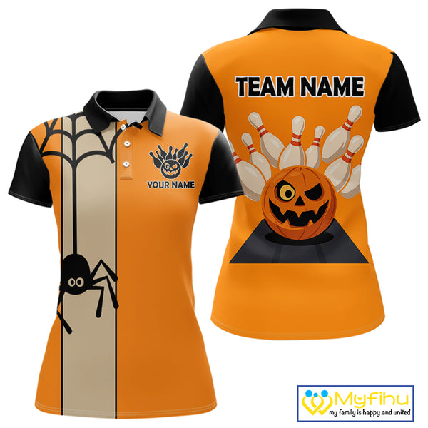 Orange and Black Halloween Retro Bowling Polo, 1/4 Zip Shirts For Women Custom Bowling Team Shirt NQS10464