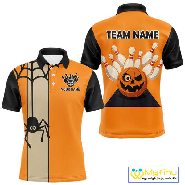 Orange and Black Halloween Retro Bowling Polo, 1/4 Zip Shirts For Men Custom Bowling Team Shirt NQS10464
