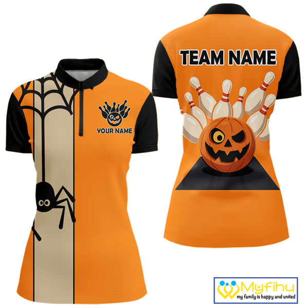 Orange and Black Halloween Retro Bowling Polo, 1/4 Zip Shirts For Women Custom Bowling Team Shirt NQS10464