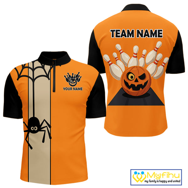 Orange and Black Halloween Retro Bowling Polo, 1/4 Zip Shirts For Men Custom Bowling Team Shirt NQS10464