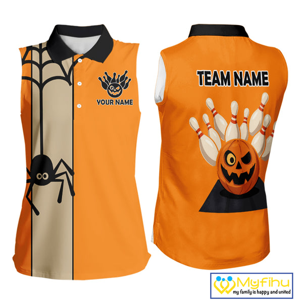Orange and Black Halloween Retro Bowling Sleeveless Polo Shirts For Women Custom Bowling Team Shirt NQS10464