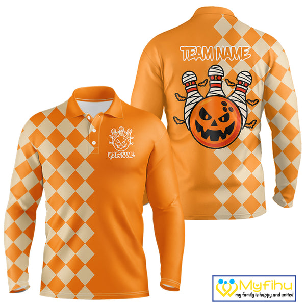 Orange Argyle Pattern Custom Halloween Mens Bowling Shirts, Personalized Bowling Team Shirt NQS10466