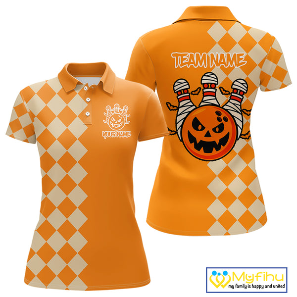 Orange Argyle Pattern Custom Halloween Ladies Bowling Shirts, Personalized Bowling Team Shirt NQS10466