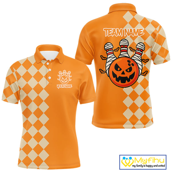 Orange Argyle Pattern Custom Halloween Mens Bowling Shirts, Personalized Bowling Team Shirt NQS10466