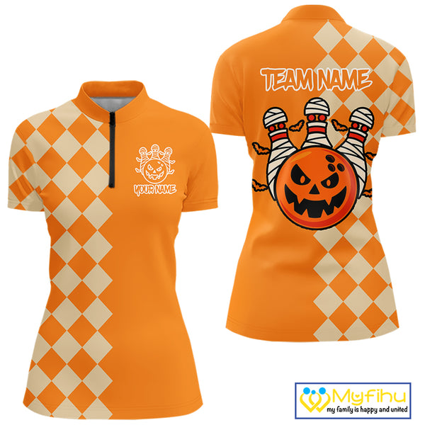 Orange Argyle Pattern Custom Halloween Ladies Bowling Shirts, Personalized Bowling Team Shirt NQS10466