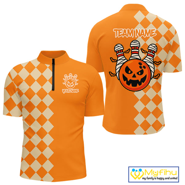 Orange Argyle Pattern Custom Halloween Mens Bowling Shirts, Personalized Bowling Team Shirt NQS10466