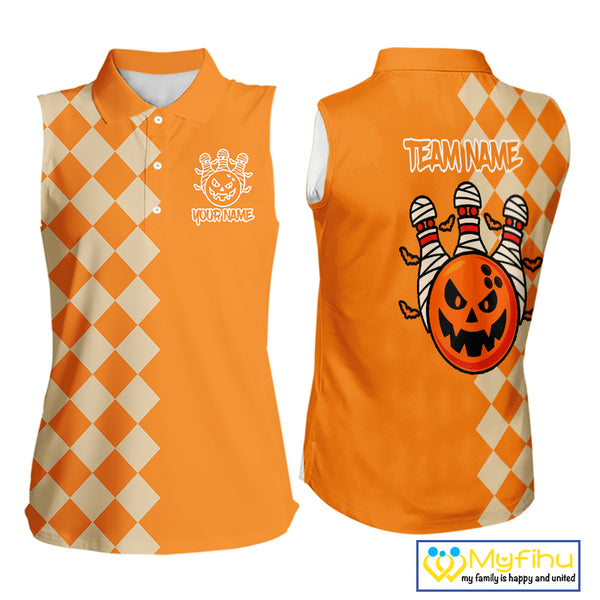 Orange Argyle Pattern Custom Halloween Bowling Sleeveless Polo Shirt, Personalized Bowling Team Shirt NQS10466