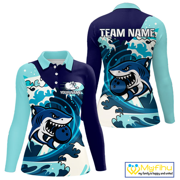 Custom Blue Shark Bowling Polo, Quarter Zip Shirts For Ladies, Personalized Shark Bowling Team Shirt NQS10469