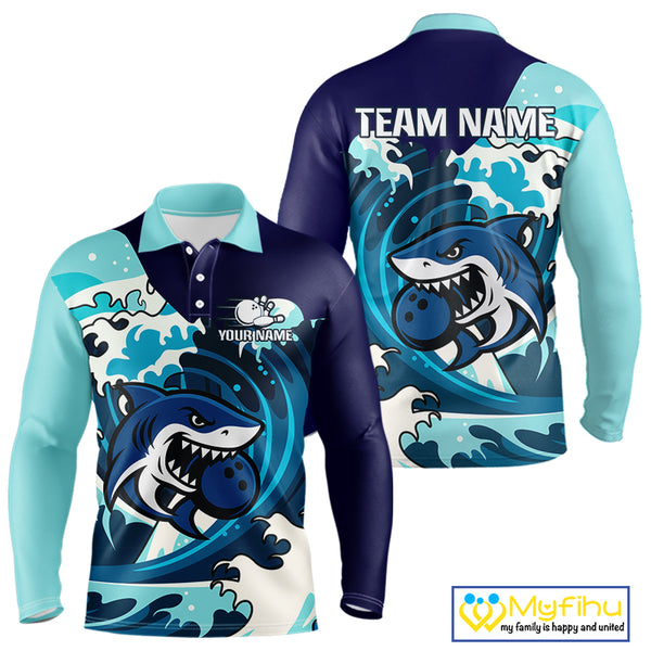Custom Blue Shark Bowling Polo, Quarter Zip Shirts For Men, Personalized Shark Bowling Team Shirt NQS10469