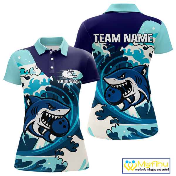 Custom Blue Shark Bowling Polo, Quarter Zip Shirts For Ladies, Personalized Shark Bowling Team Shirt NQS10469