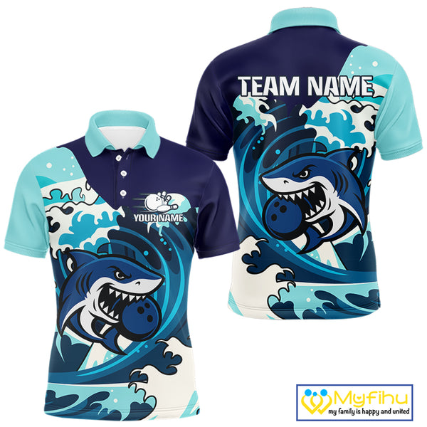 Custom Blue Shark Bowling Polo, Quarter Zip Shirts For Men, Personalized Shark Bowling Team Shirt NQS10469