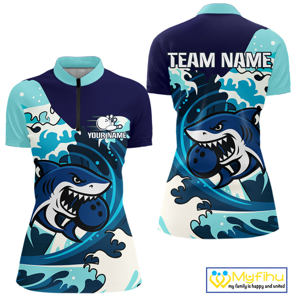 Custom Blue Shark Bowling Polo, Quarter Zip Shirts For Ladies, Personalized Shark Bowling Team Shirt NQS10469