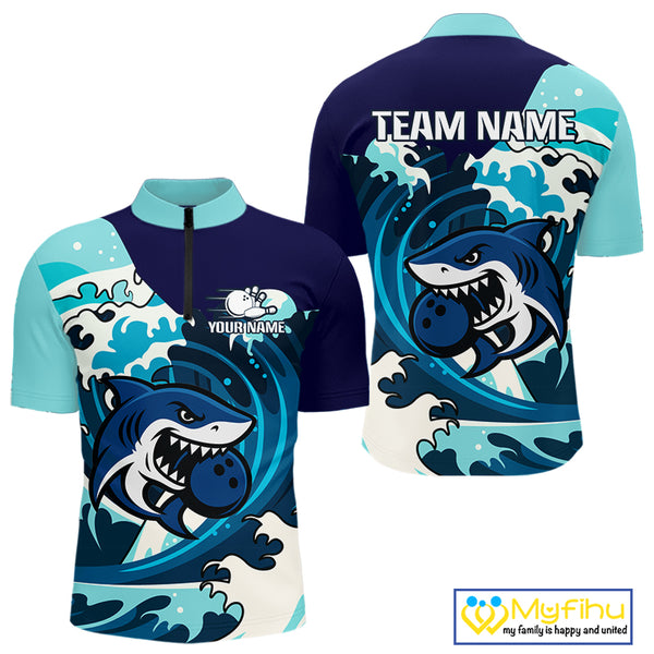 Custom Blue Shark Bowling Polo, Quarter Zip Shirts For Men, Personalized Shark Bowling Team Shirt NQS10469