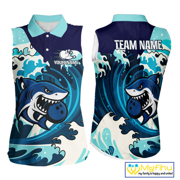 Custom Blue Shark Bowling Sleeveless Polo Shirt, Personalized Shark Bowling Team Shirt NQS10469