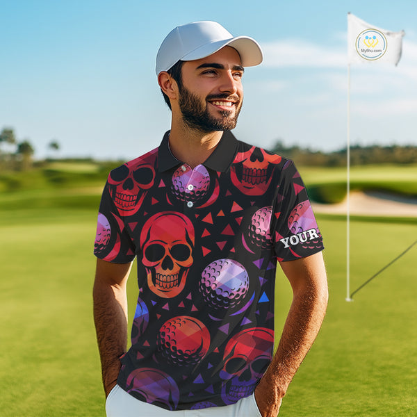 Red Gradient Skull Golf Ball pattern Mens polo golf shirts Custom Halloween golf top for men NQS10511