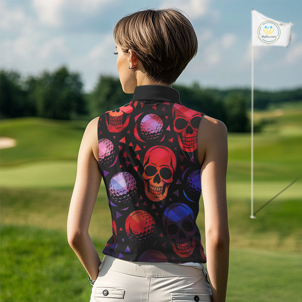 Red Gradient Skull Golf Ball pattern Sleeveless polo golf shirts Custom Halloween golf top for ladies NQS10511