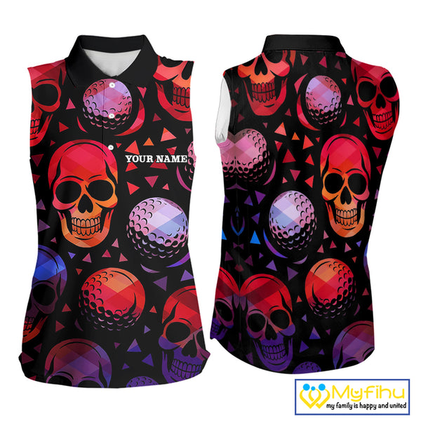 Red Gradient Skull Golf Ball pattern Sleeveless polo golf shirts Custom Halloween golf top for ladies NQS10511