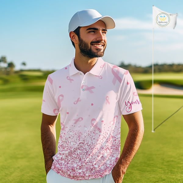 Pink glitter ribbons pattern Mens golf polo shirt Custom Breast Cancer Awareness golf outfit for men NQS10514
