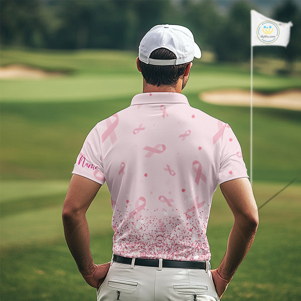 Pink glitter ribbons pattern Mens golf polo shirt Custom Breast Cancer Awareness golf outfit for men NQS10514