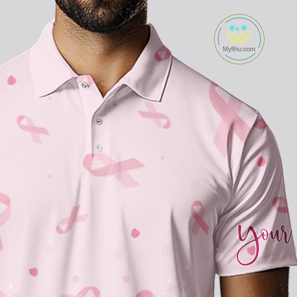 Pink glitter ribbons pattern Mens golf polo shirt Custom Breast Cancer Awareness golf outfit for men NQS10514