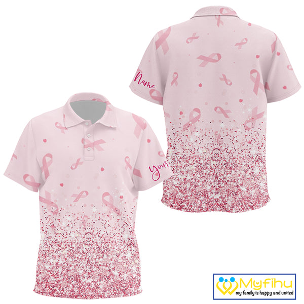 Pink glitter ribbons pattern Kid golf polo shirt Custom Breast Cancer Awareness Kid golf outfit NQS10514