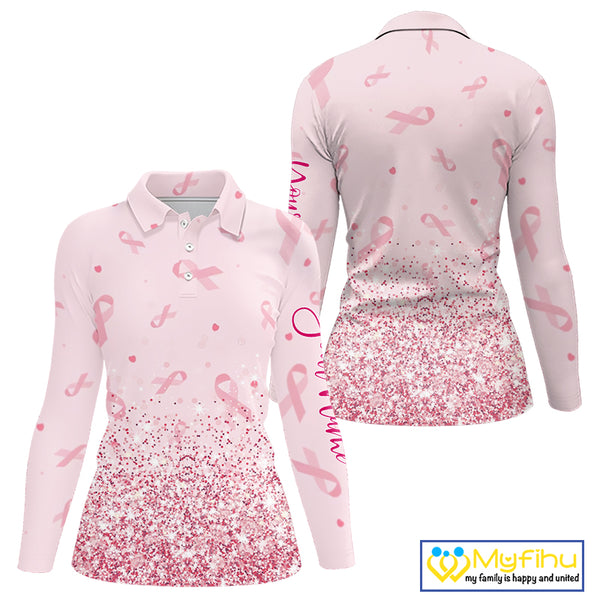 Pink glitter ribbons pattern Women golf polo shirt Custom Breast Cancer Awareness ladies golf outfit NQS10514