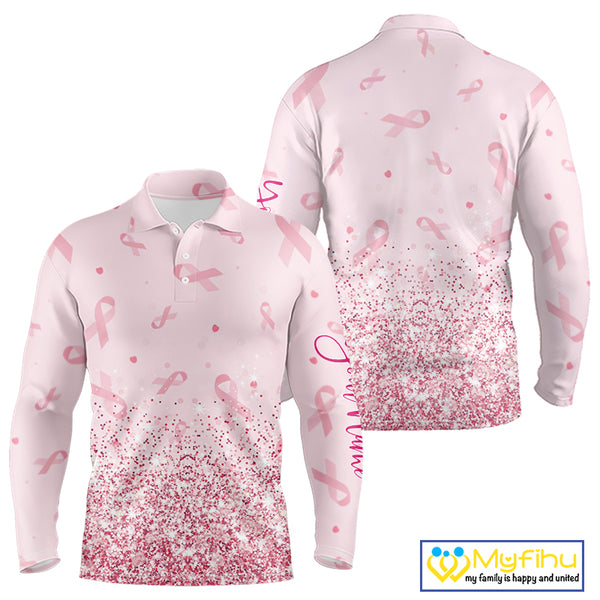 Pink glitter ribbons pattern Mens golf polo shirt Custom Breast Cancer Awareness golf outfit for men NQS10514