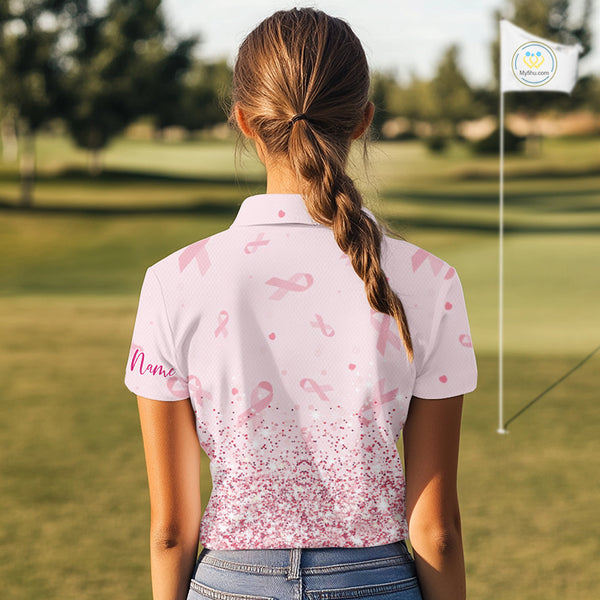 Pink glitter ribbons pattern Women golf polo shirt Custom Breast Cancer Awareness ladies golf outfit NQS10514