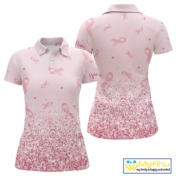 Pink glitter ribbons pattern Women golf polo shirt Custom Breast Cancer Awareness ladies golf outfit NQS10514