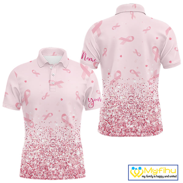 Pink glitter ribbons pattern Mens golf polo shirt Custom Breast Cancer Awareness golf outfit for men NQS10514