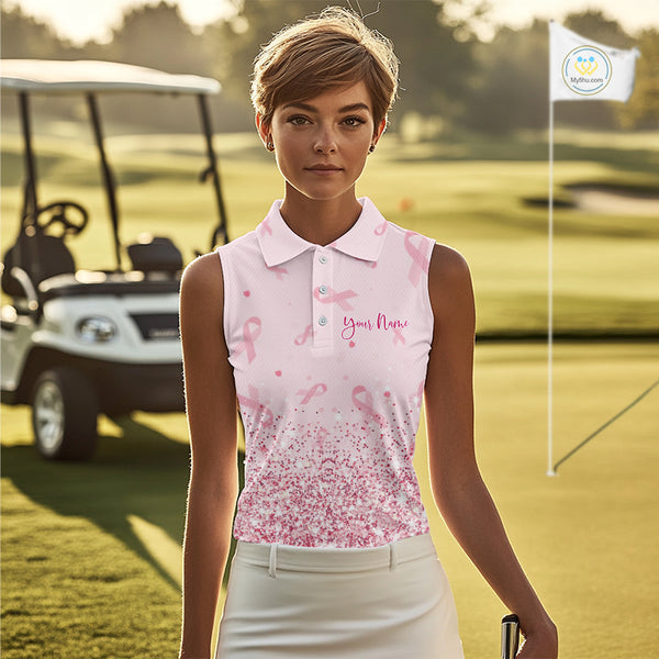 Pink glitter ribbons pattern Sleeveless polo shirt Custom Breast Cancer Awareness ladies golf outfit NQS10514