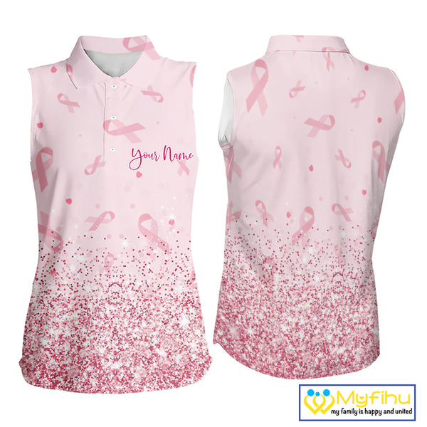 Pink glitter ribbons pattern Sleeveless polo shirt Custom Breast Cancer Awareness ladies golf outfit NQS10514