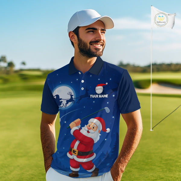 Funny Santa Christmas Golf polo shirts for men Custom Blue team golf jerseys, Christmas golf gifts NQS10828
