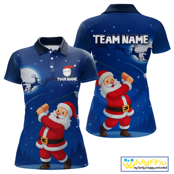 Funny Santa Christmas Golf polo shirts for Women Custom Blue team golf jerseys, Christmas golf gifts NQS10828