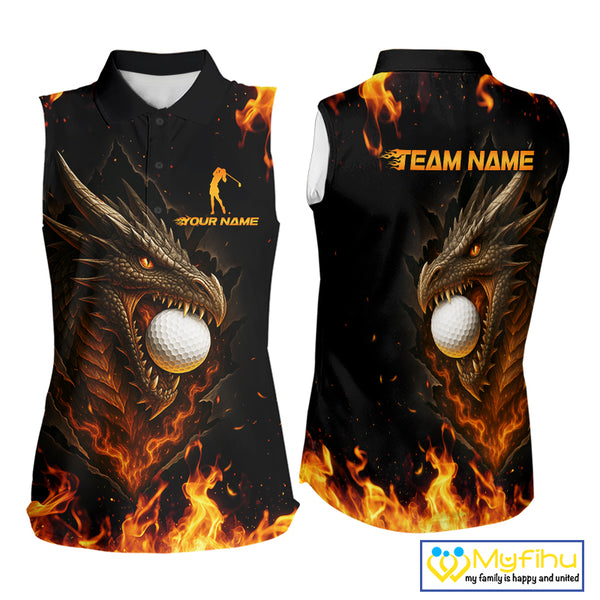Flame Dragon Sleeveless Golf Polo Shirt Custom Dragon team ladies golf outfits, cool golf gifts NQS10861