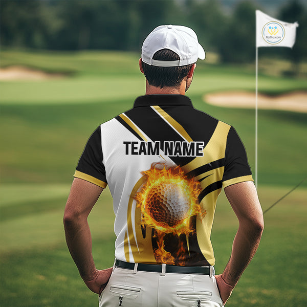 Black and White Gold Flame Golf Polo Shirts For Men custom team men golf attire, gift for golf lovers NQS10905