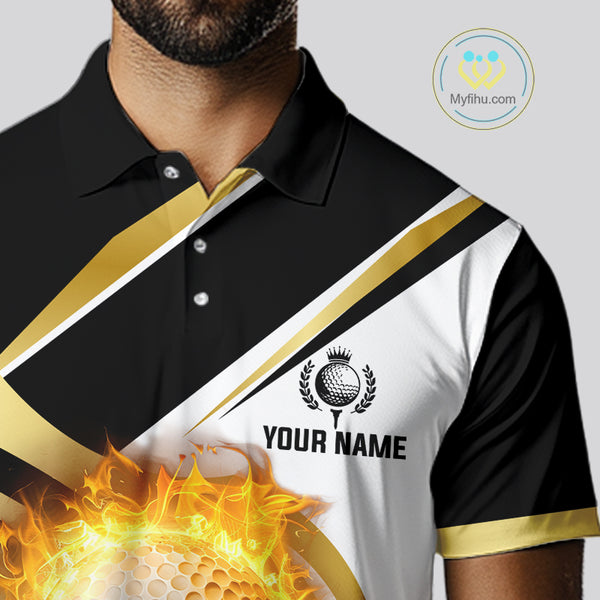 Black and White Gold Flame Golf Polo Shirts For Men custom team men golf attire, gift for golf lovers NQS10905