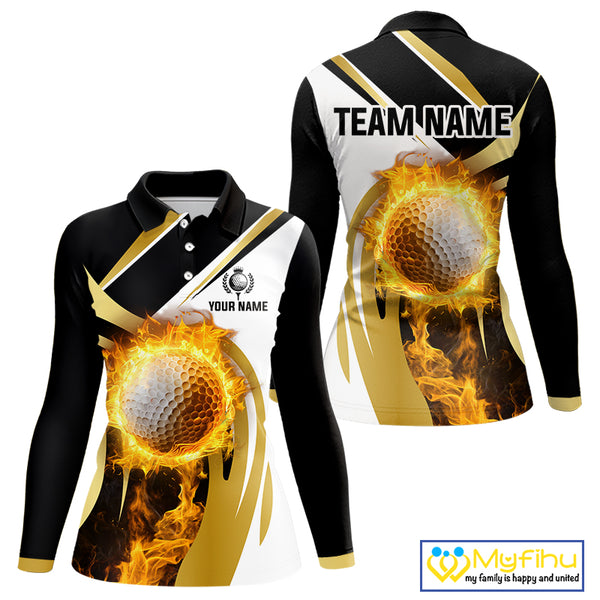 Black & White Gold Flame Women Golf Polo Shirts custom team ladies golf attire, gift for golf lovers NQS10905