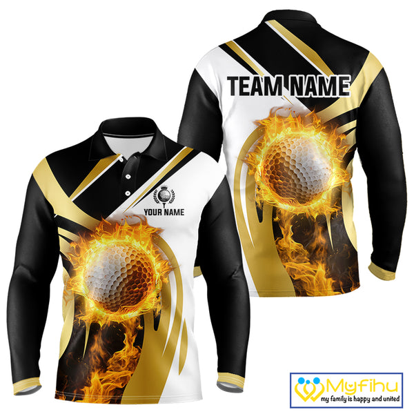 Black and White Gold Flame Golf Polo Shirts For Men custom team men golf attire, gift for golf lovers NQS10905