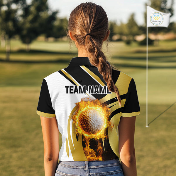 Black & White Gold Flame Women Golf Polo Shirts custom team ladies golf attire, gift for golf lovers NQS10905