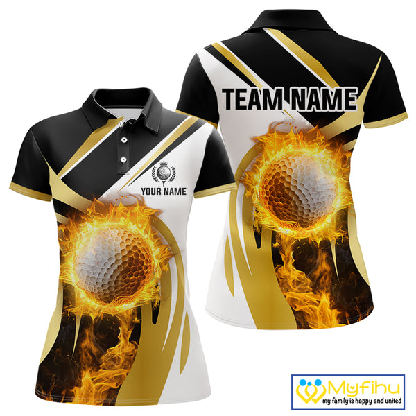Black & White Gold Flame Women Golf Polo Shirts custom team ladies golf attire, gift for golf lovers NQS10905