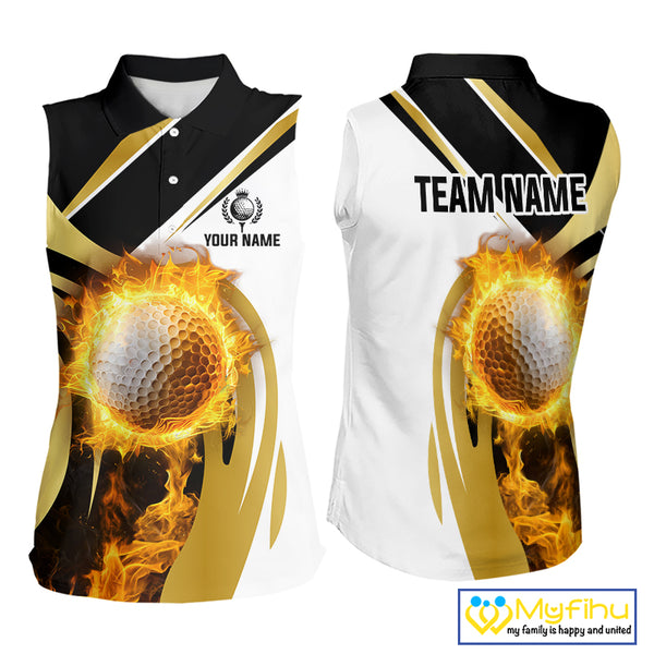 Black & White Gold Flame Women Sleeveless Polo Shirt custom team ladies golf attire, golf gifts NQS10905