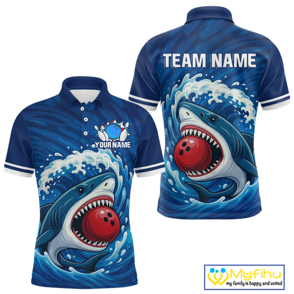 Custom Blue Shark Bowling Polo, Quarter Zip Shirts For Men, Shark Bowling Team League Shirt NQS10697