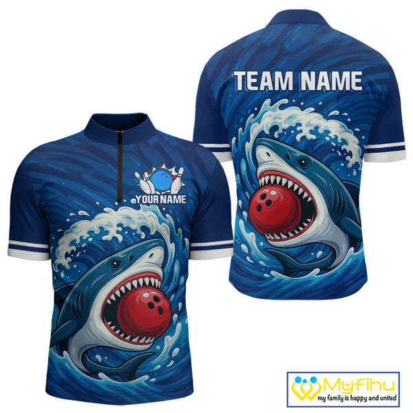 Custom Blue Shark Bowling Polo, Quarter Zip Shirts For Men, Shark Bowling Team League Shirt NQS10697