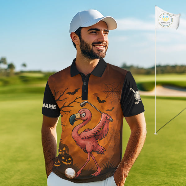 Black and Orange Funny Flamingo Golf Polo Shirt For Men Custom Halloween Golf Attire Golfing Gifts NQS10701