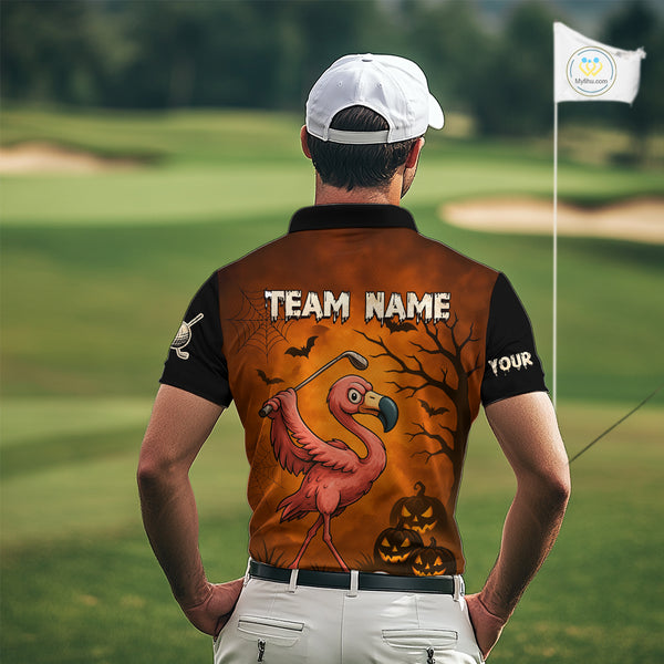 Black and Orange Funny Flamingo Golf Polo Shirt For Men Custom Halloween Golf Attire Golfing Gifts NQS10701