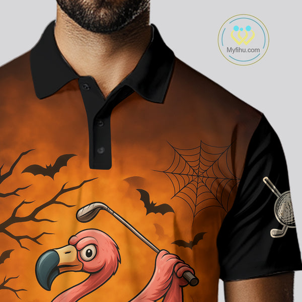 Black and Orange Funny Flamingo Golf Polo Shirt For Men Custom Halloween Golf Attire Golfing Gifts NQS10701